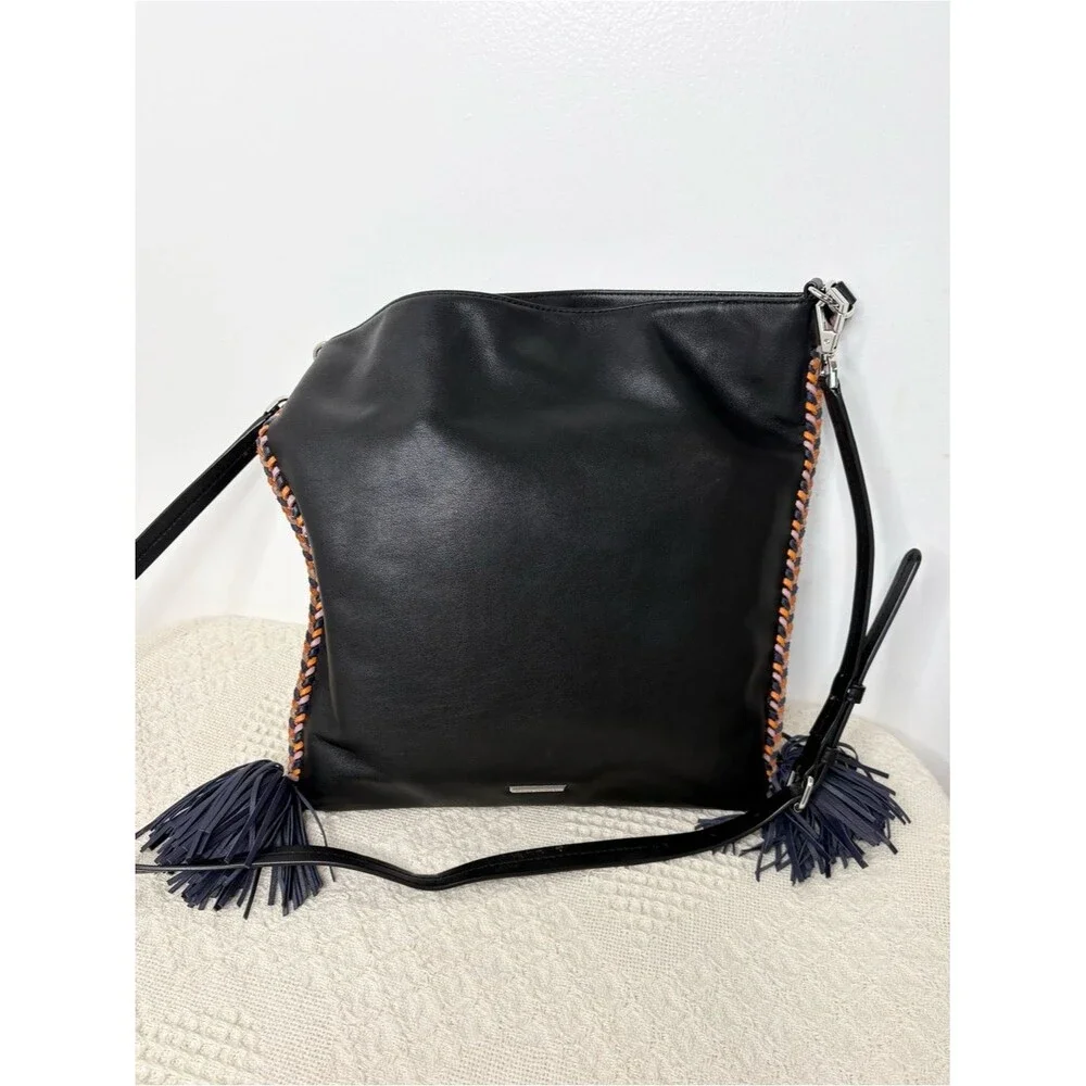 Rebecca Minkoff Chase Convertible Hobo Bag Black Leather Tassel Braided Boho